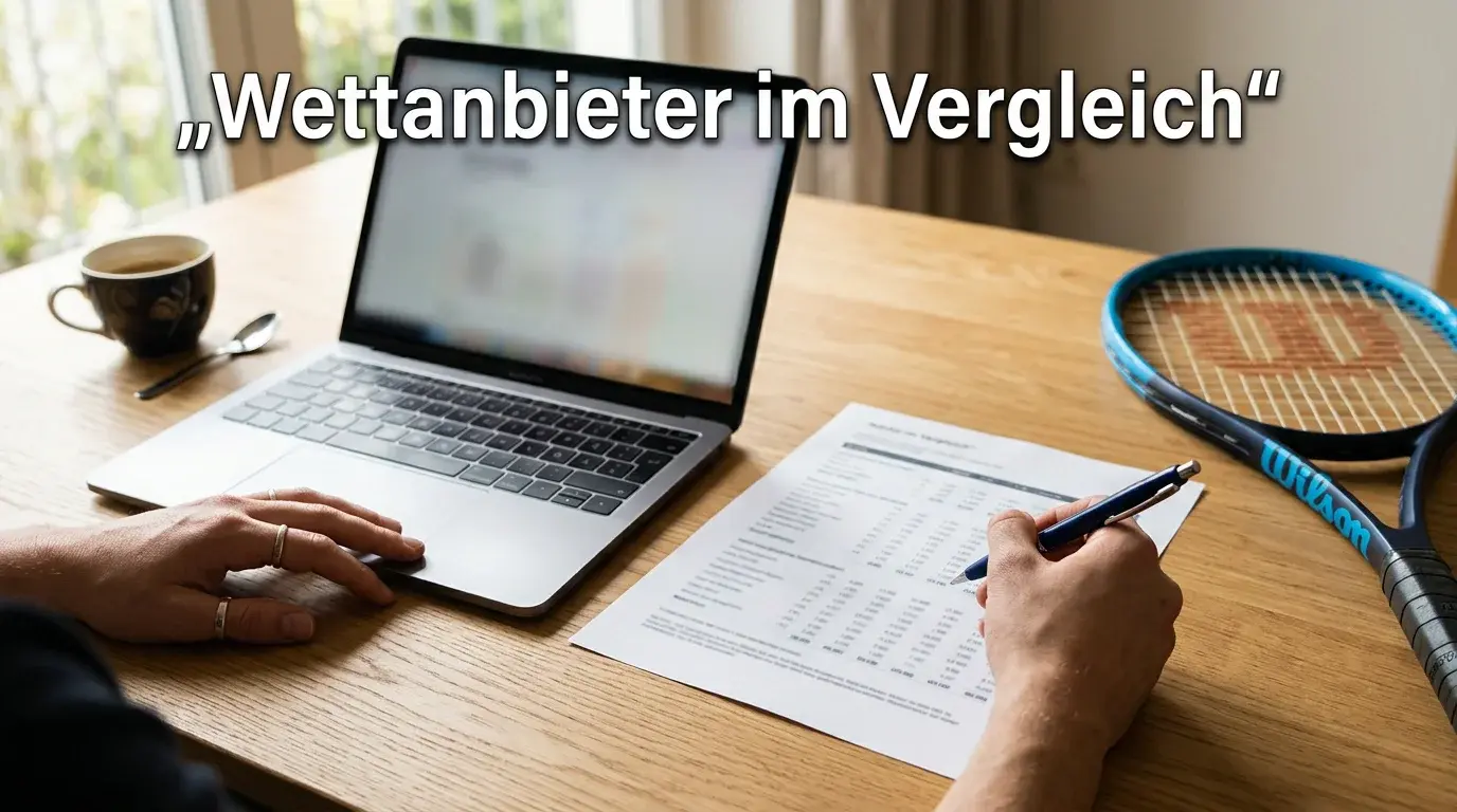 Person vergleicht Tenniswetten-Quoten auf einem Laptop neben einem Tennisschläger