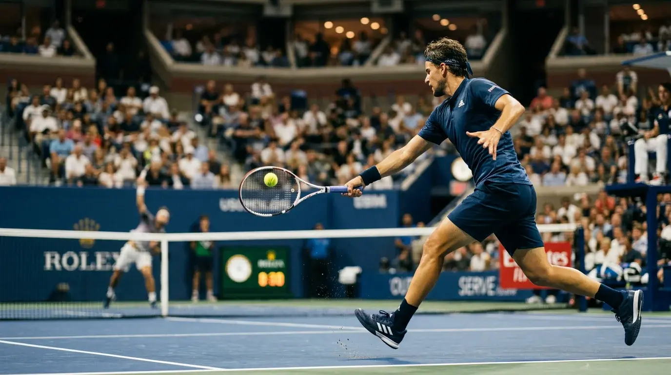 Break-Wetten Tennis — Returnspieler in aggressiver Rückhand-Position beim Return auf Hartplatz