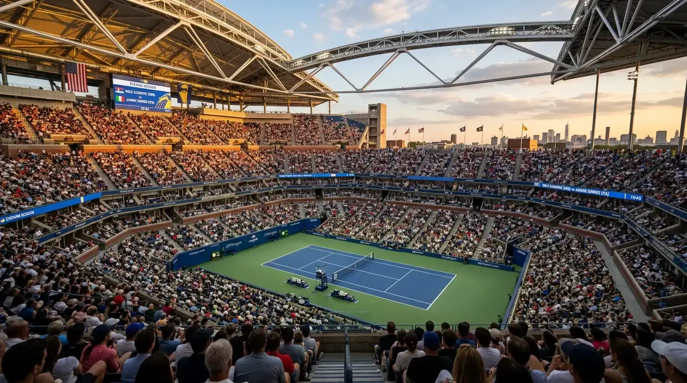 Grand Slam Wetten — Blick auf den Centre Court eines Grand-Slam-Turniers im Abendlicht