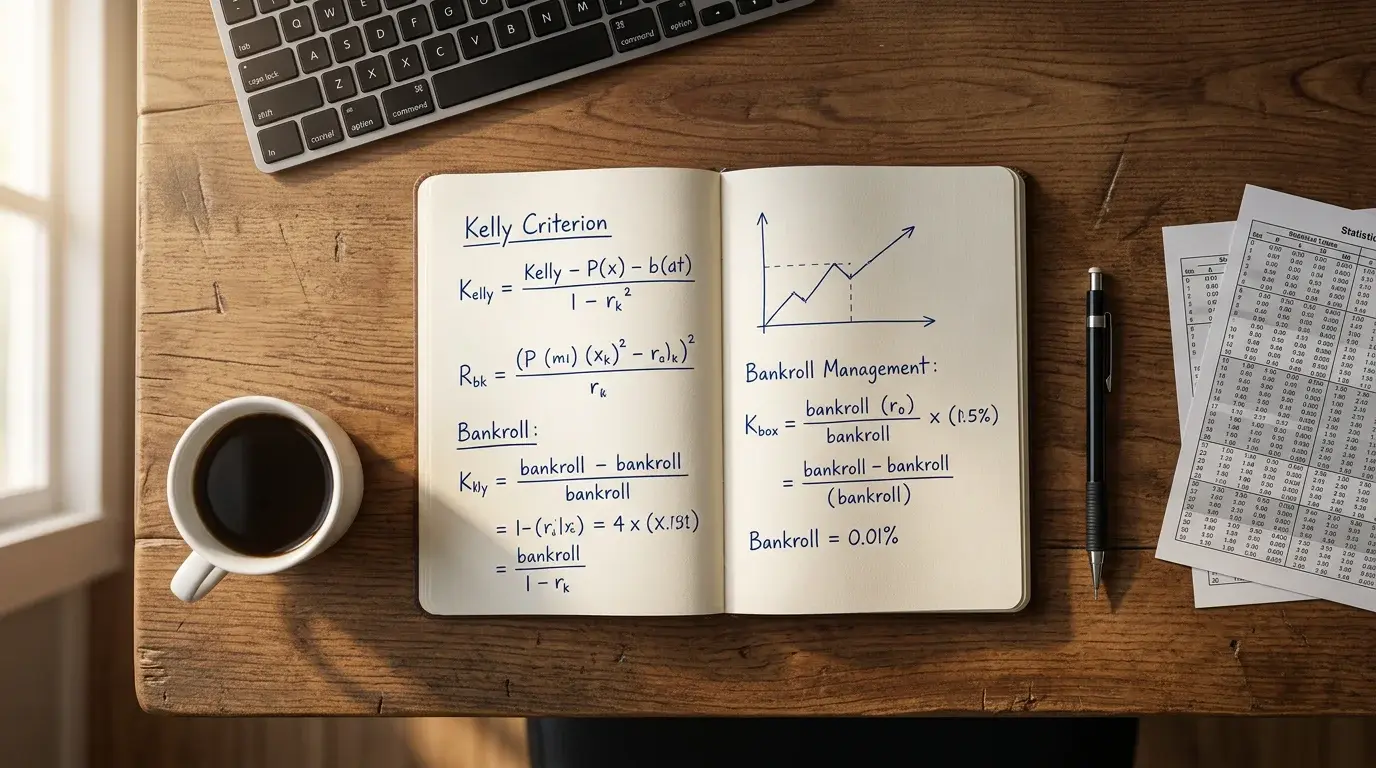 Kelly-Kriterium Bankroll Management — Notizbuch mit Wettstrategie und Berechnungen