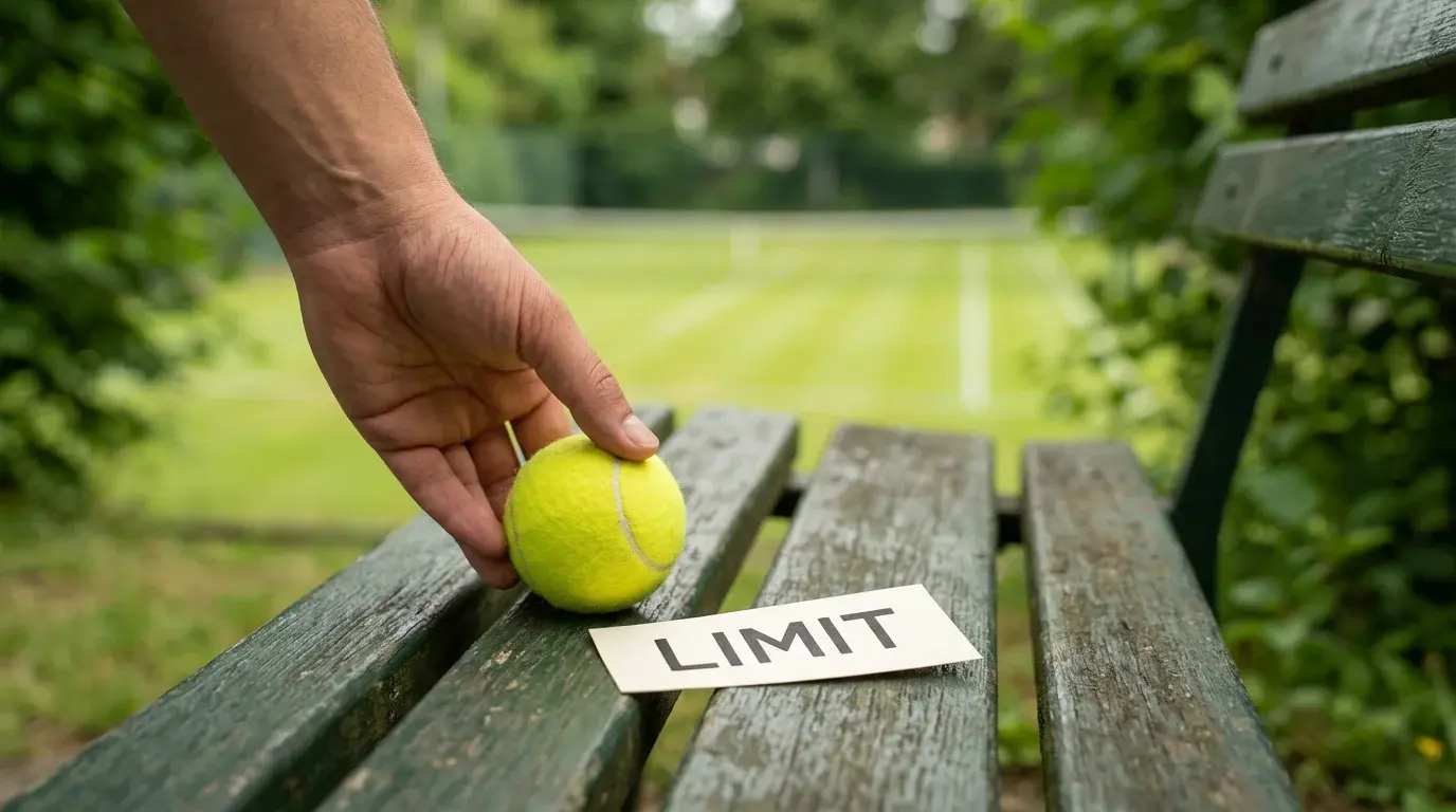 Verantwortungsvoll wetten — Hand legt einen Tennisball bewusst neben ein Limit-Schild