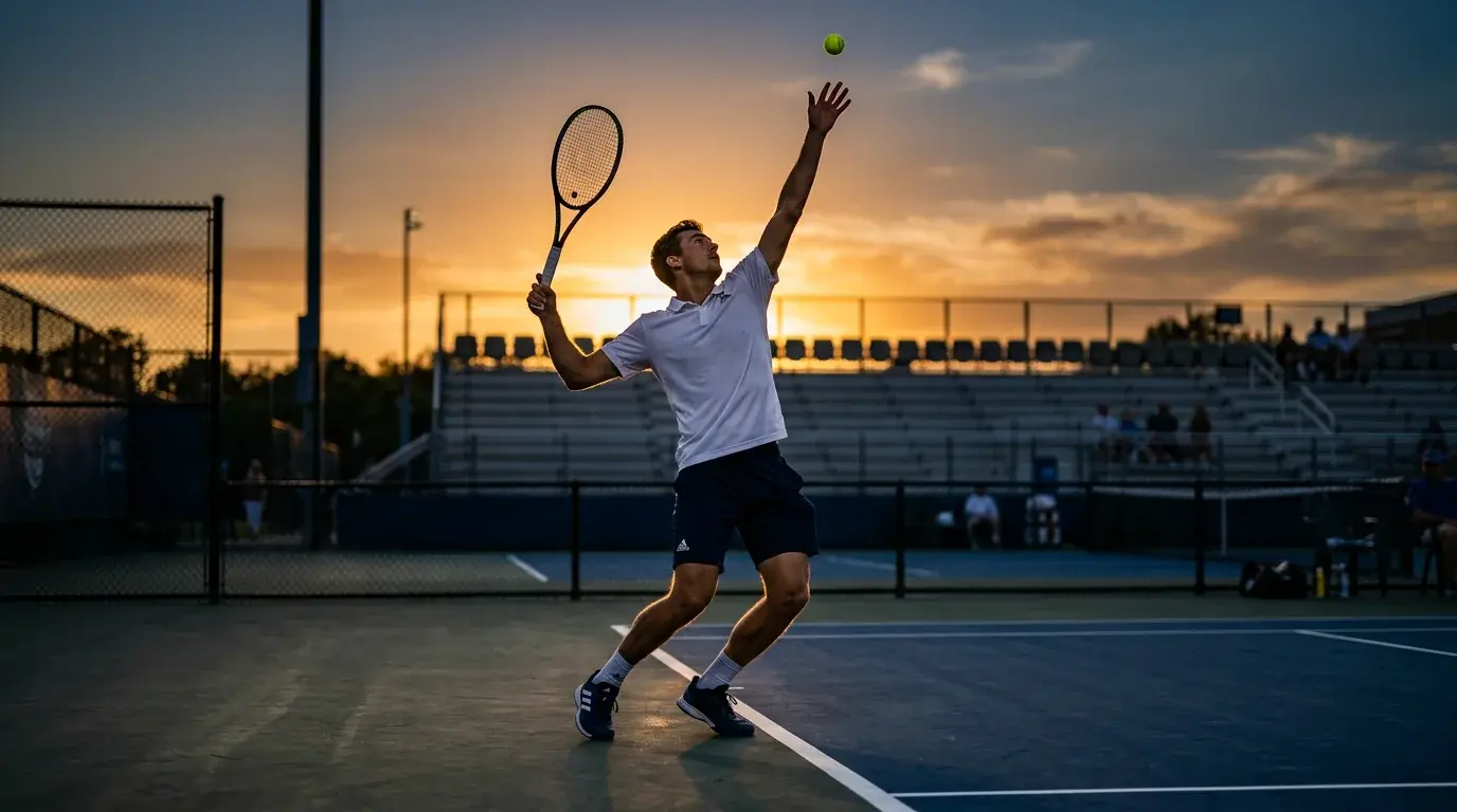 Sportwetten Tipps Tennis — Tennisspieler bei Aufschlag unter Flutlicht mit Datenanalyse-Atmosphäre