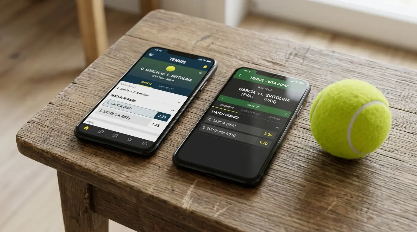 Surebets Tennis — zwei Smartphones nebeneinander mit unterschiedlichen Quoten auf einem Tisch