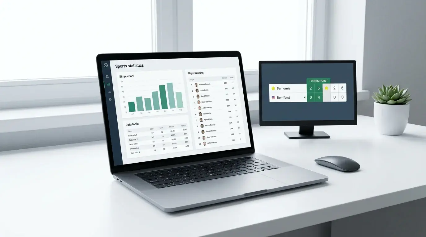 Tennis Analysetools und Datenquellen — Laptop mit Statistik-Dashboard und Tennisdaten