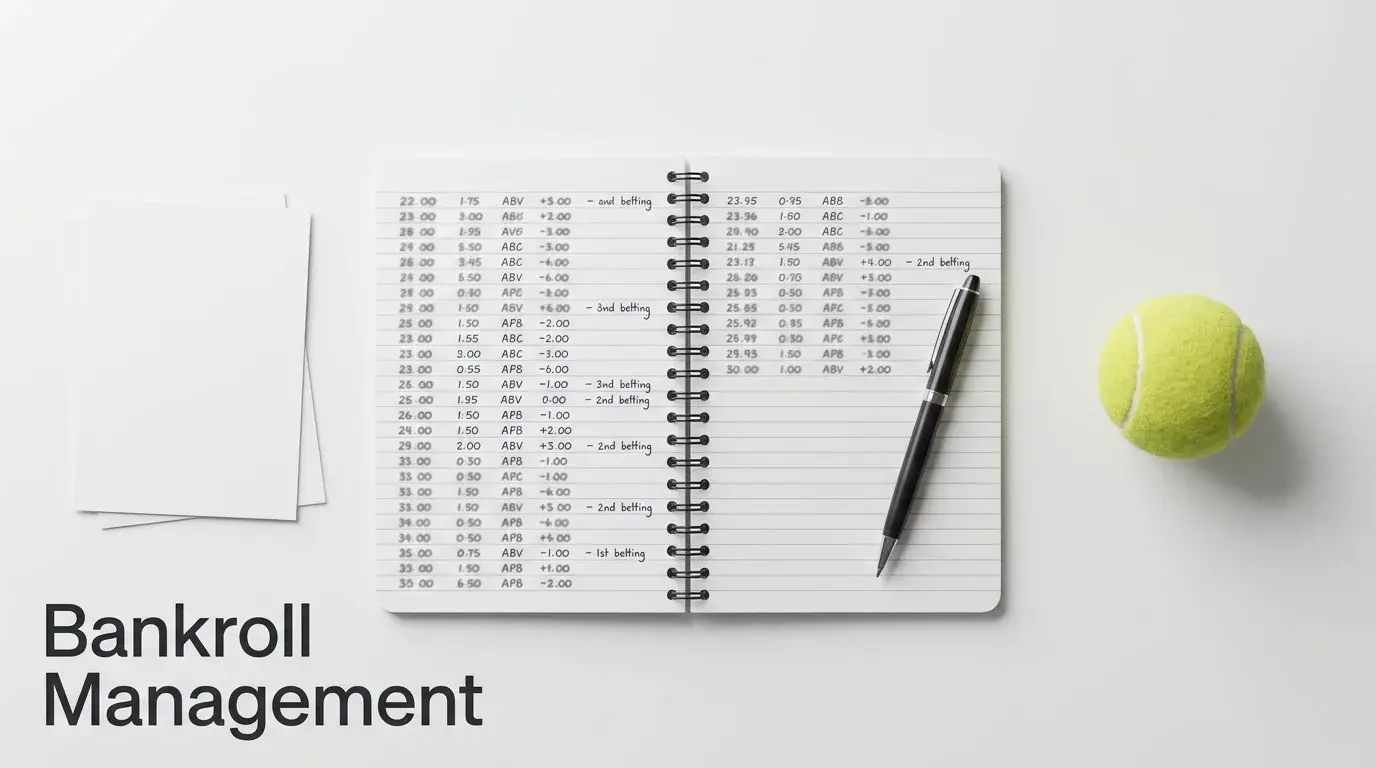 Notizbuch mit handgeschriebener Wettstrategie neben einem Tennisball auf einem Schreibtisch