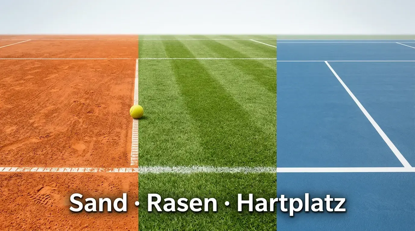 Drei Tennisplätze nebeneinander – Sandplatz, Rasen und Hartplatz im Sonnenlicht