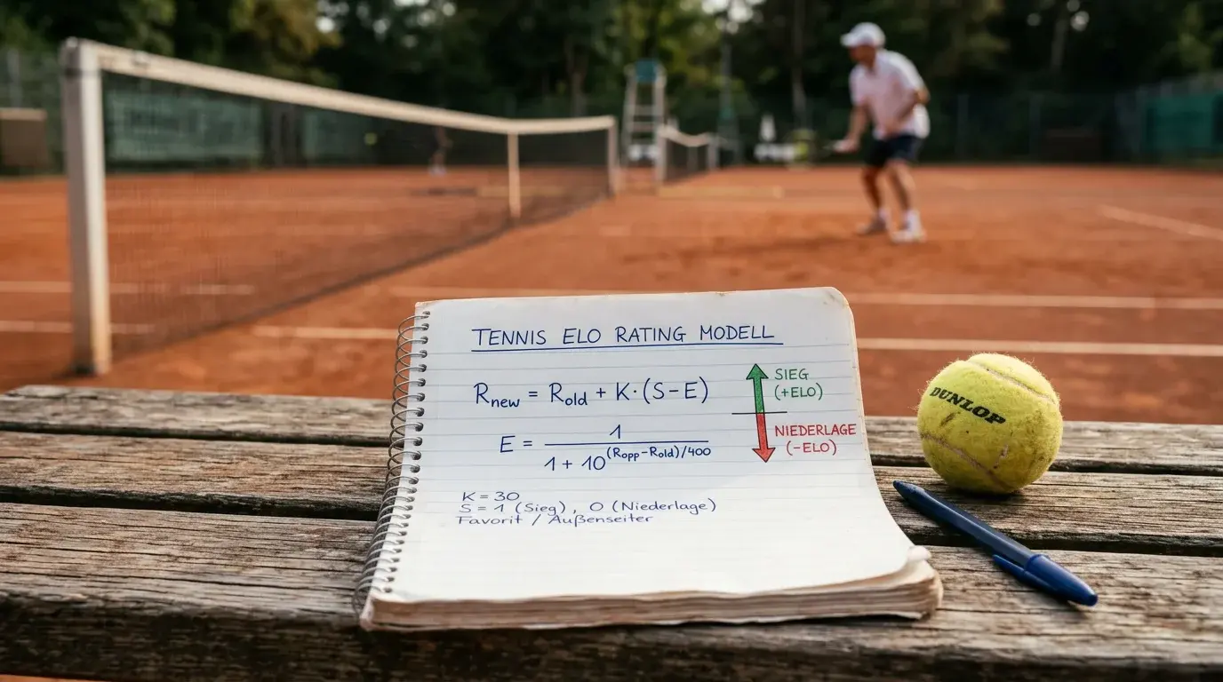 Tennis Elo-Rating — handgeschriebene Elo-Formel auf einem Notizblock neben einem Tennisball