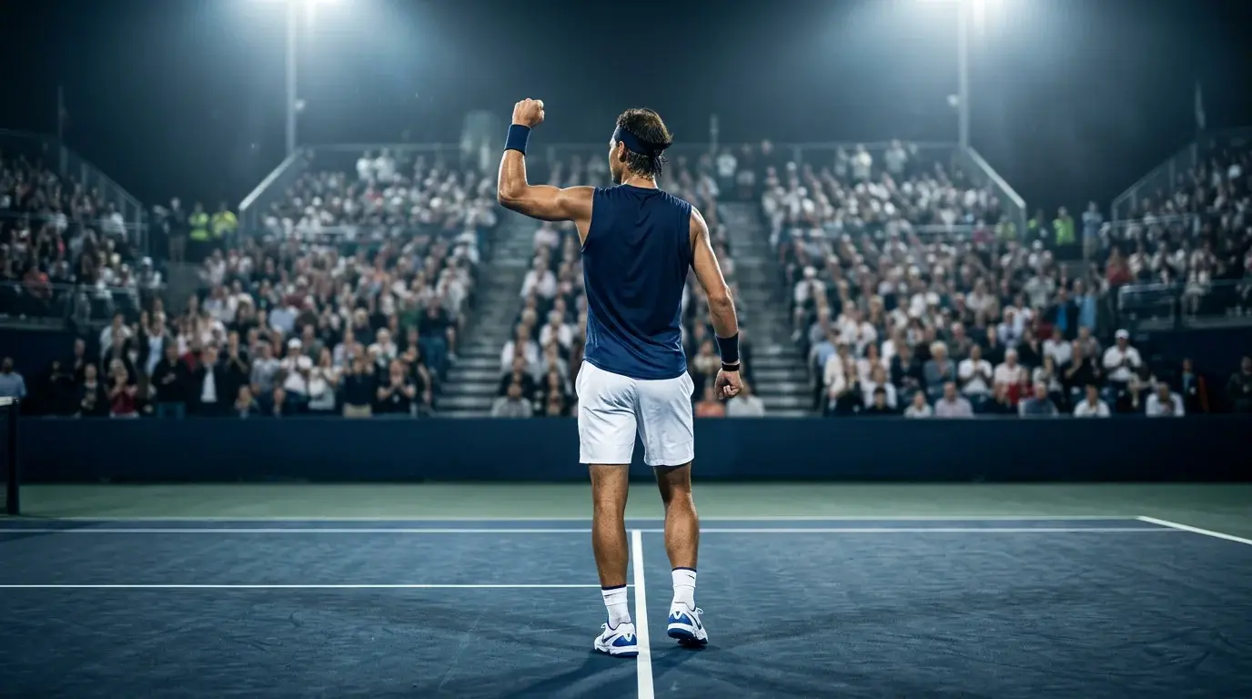 Tennis Favoritenstrategie — Top-Spieler mit erhobener Faust nach Sieg auf einem Hartplatz