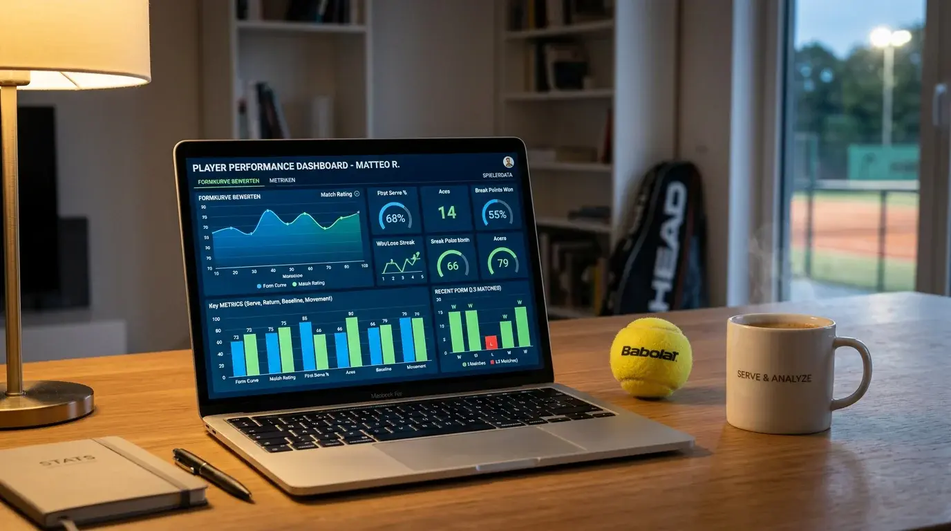 Tennis Formkurve bewerten — Laptop mit Spielerstatistiken neben einem Tennisball auf einem Schreibtisch
