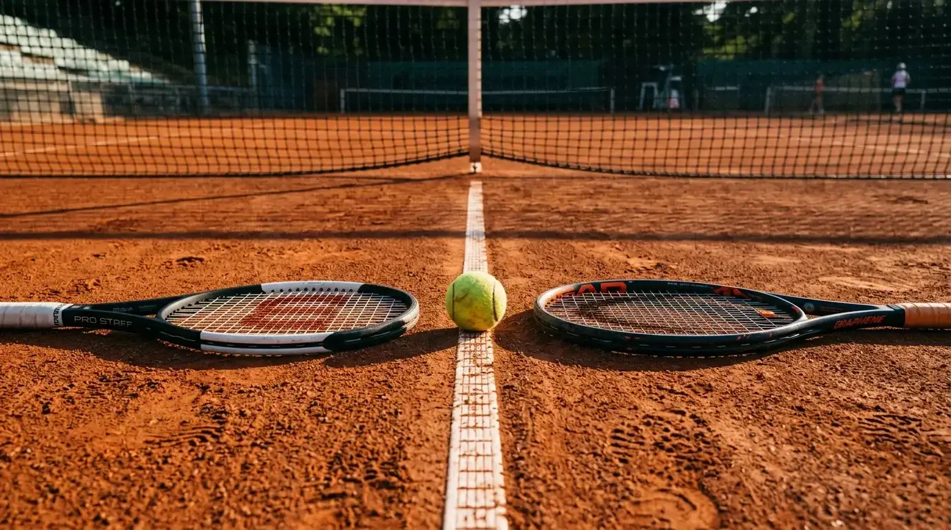 Tennis H2H-Analyse — zwei Tennisschläger gegenüber auf einem Sandplatz mit Netz im Hintergrund