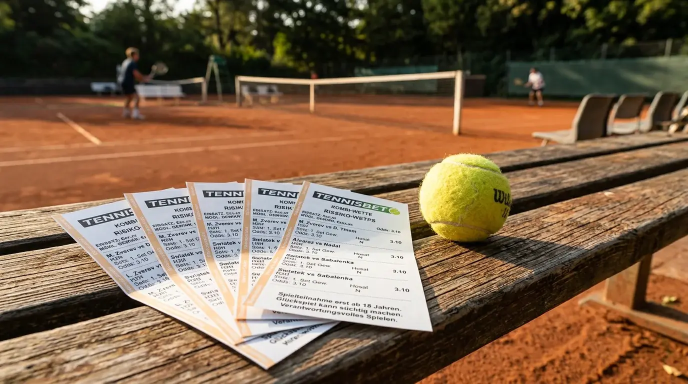 Tennis Kombiwetten — mehrere Wettscheine aufgefächert auf einer Tribüne neben einem Tennisball