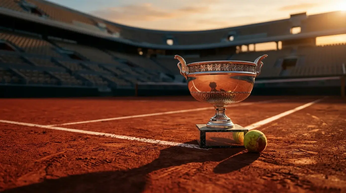 Tennis Langzeitwetten — Pokal auf einem Sandplatz im Abendlicht eines Grand-Slam-Turniers