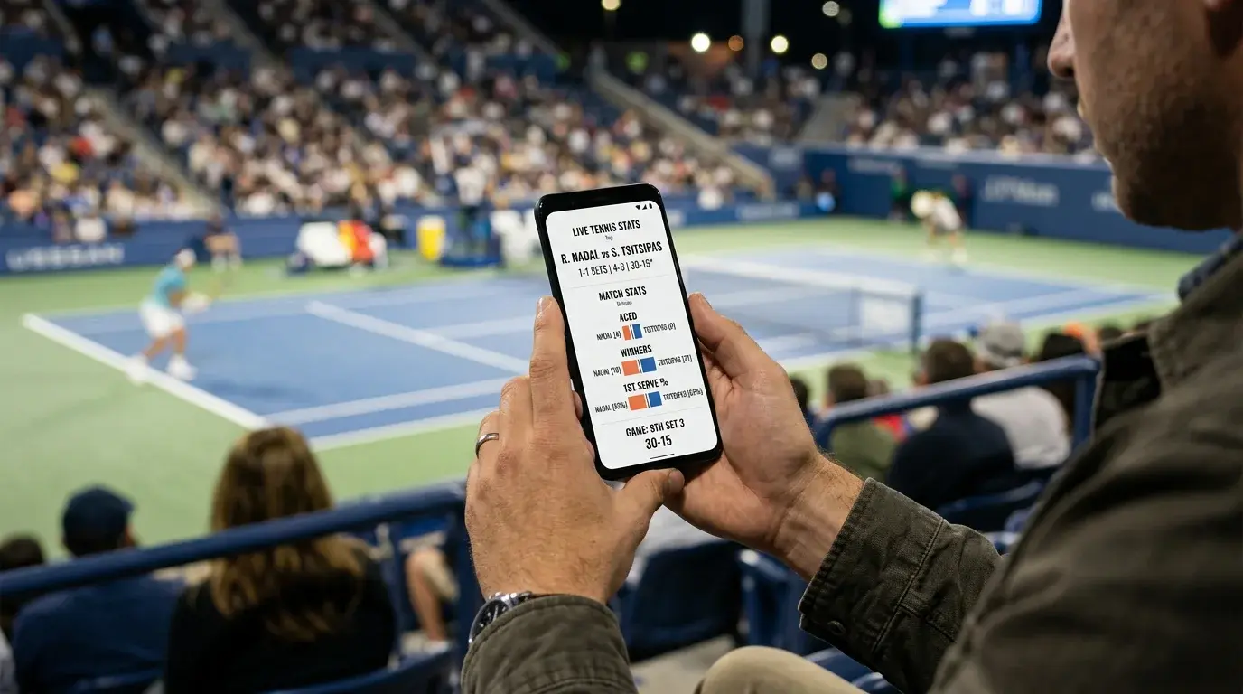 Tennis Live-Wetten Strategie — Smartphone mit Echtzeitdaten neben Tennisplatz