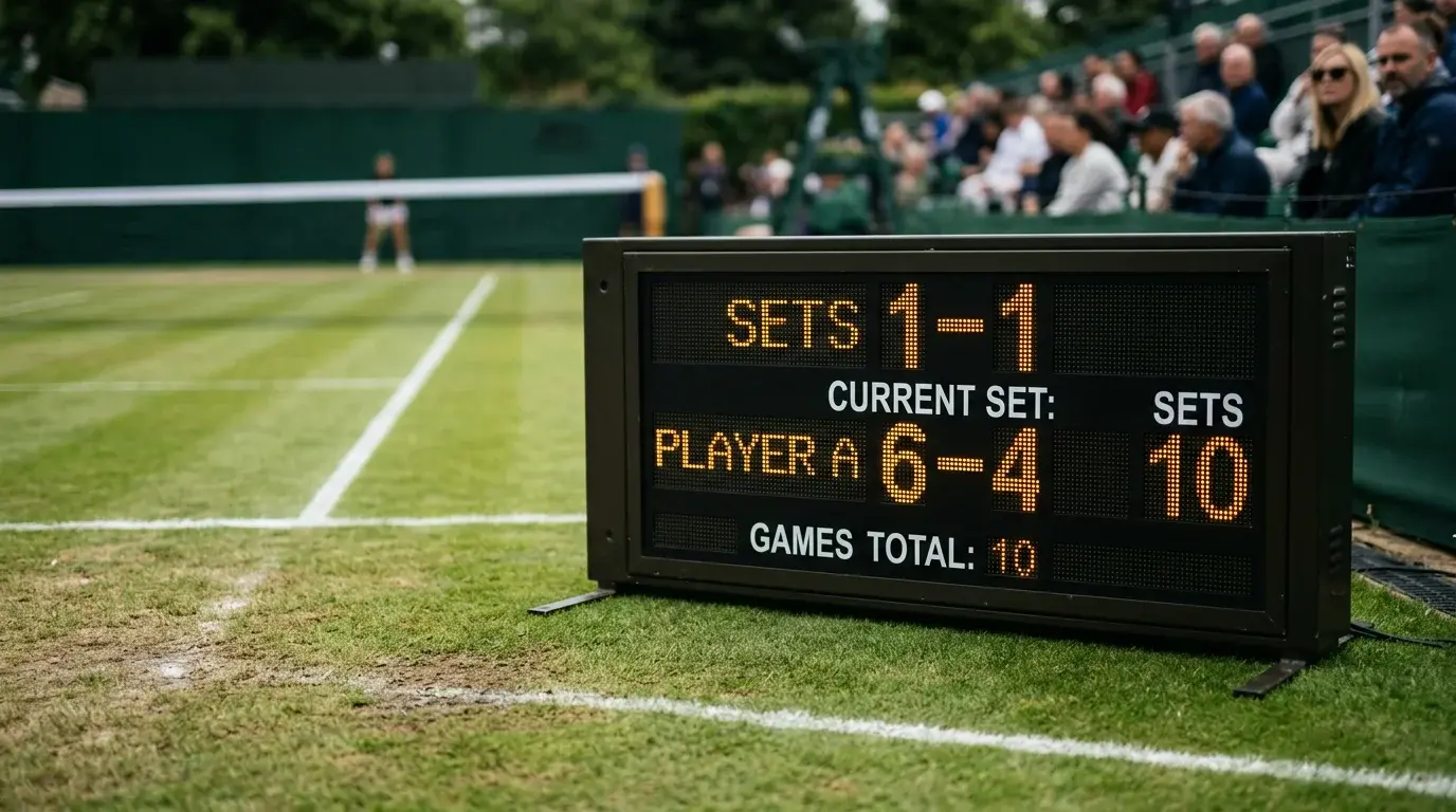 Tennis Over/Under Wetten — Nahaufnahme einer Anzeigetafel mit Game-Stand auf einem Rasenplatz