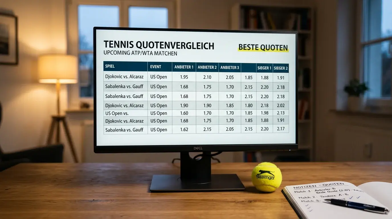 Tennis Quotenvergleich — Bildschirm mit Quotentabelle neben einem Tennisball auf dem Schreibtisch