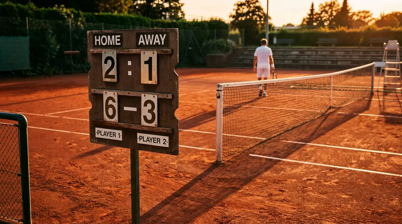 Tennis Satzwetten — Scoreboard zeigt Satzergebnis 2:1 bei einem Tennismatch auf Sand