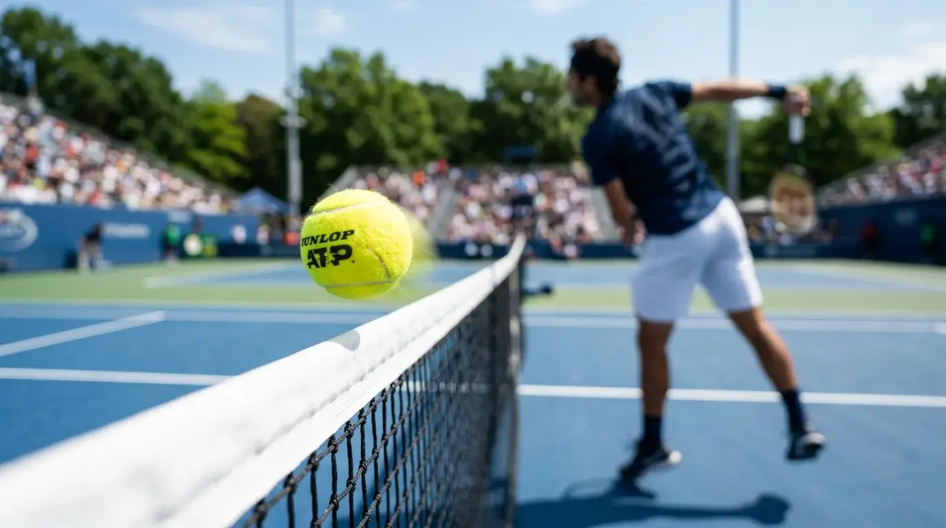 Tennis Spezialwetten — Tennisball fliegt durch die Luft beim Aufschlag mit Ass-Geschwindigkeit