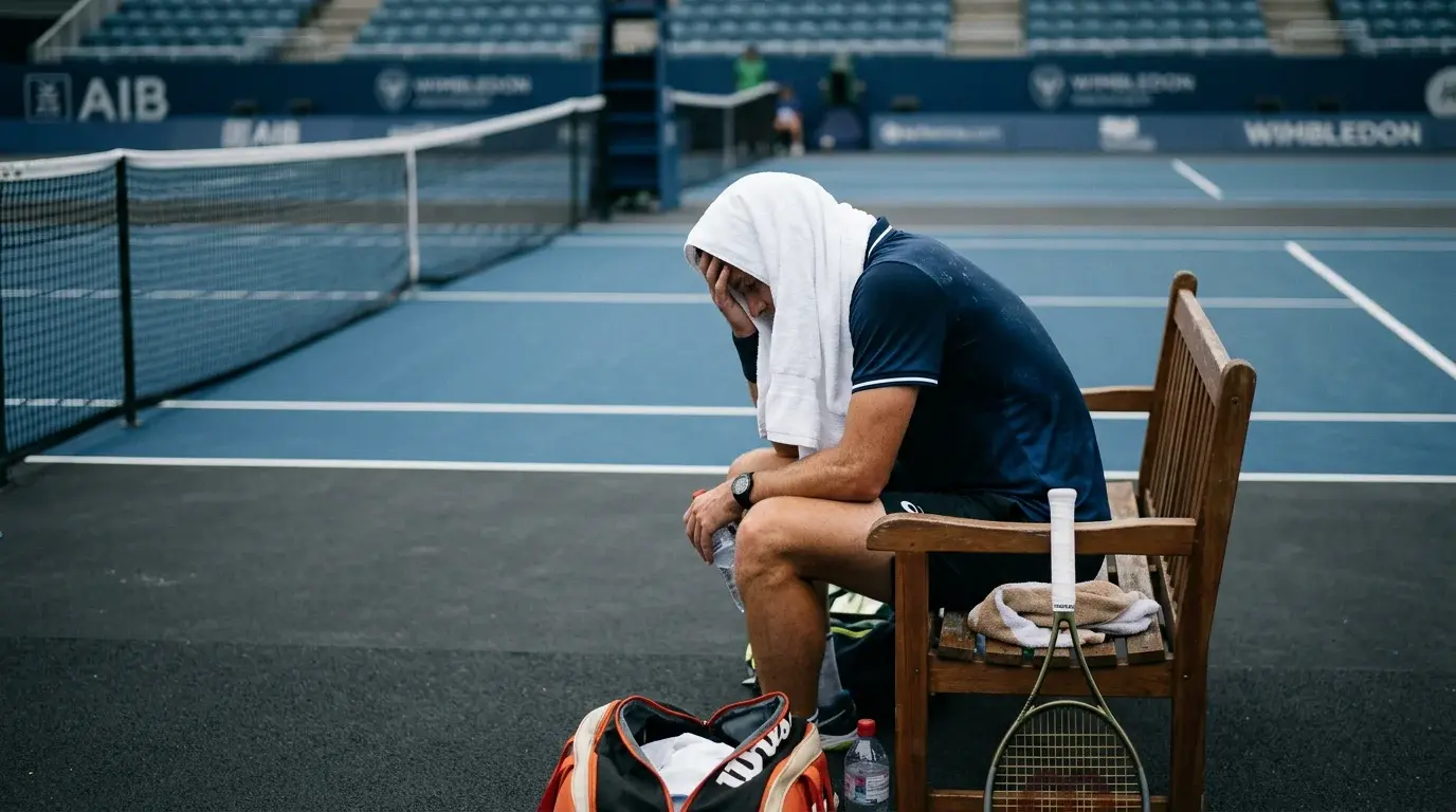 Tennis Spielabbruch — Tennisspieler sitzt mit Handtuch auf der Bank nach einer Aufgabe