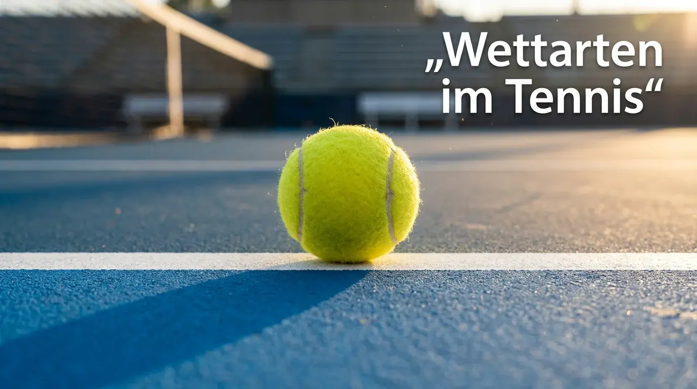 Nahaufnahme eines Tennisballs auf der Linie eines Hartplatzes mit Netz im Hintergrund