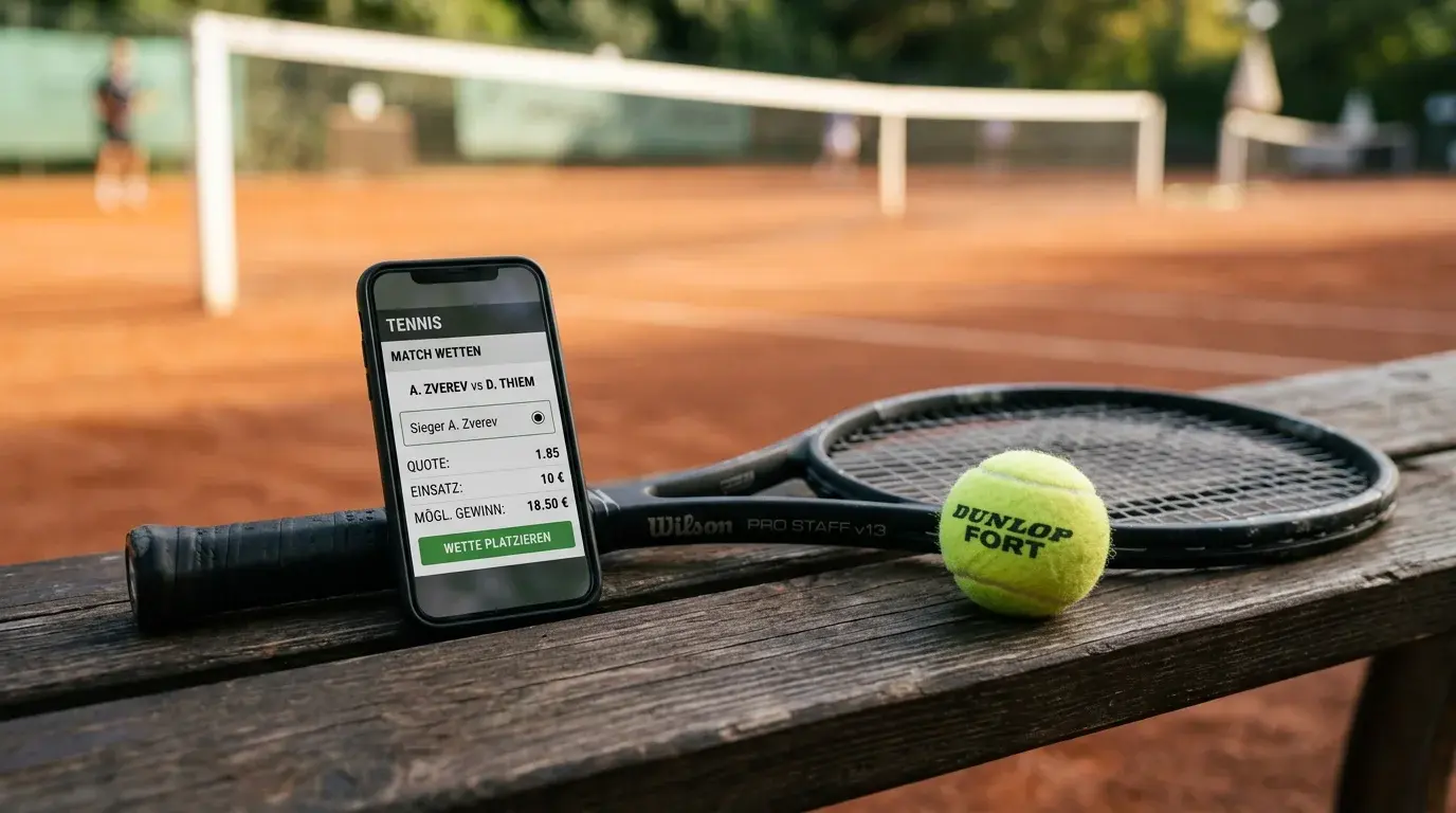Tennis Wetten Anfänger — Smartphone mit Wettschein neben einem Tennisschläger auf einer Bank