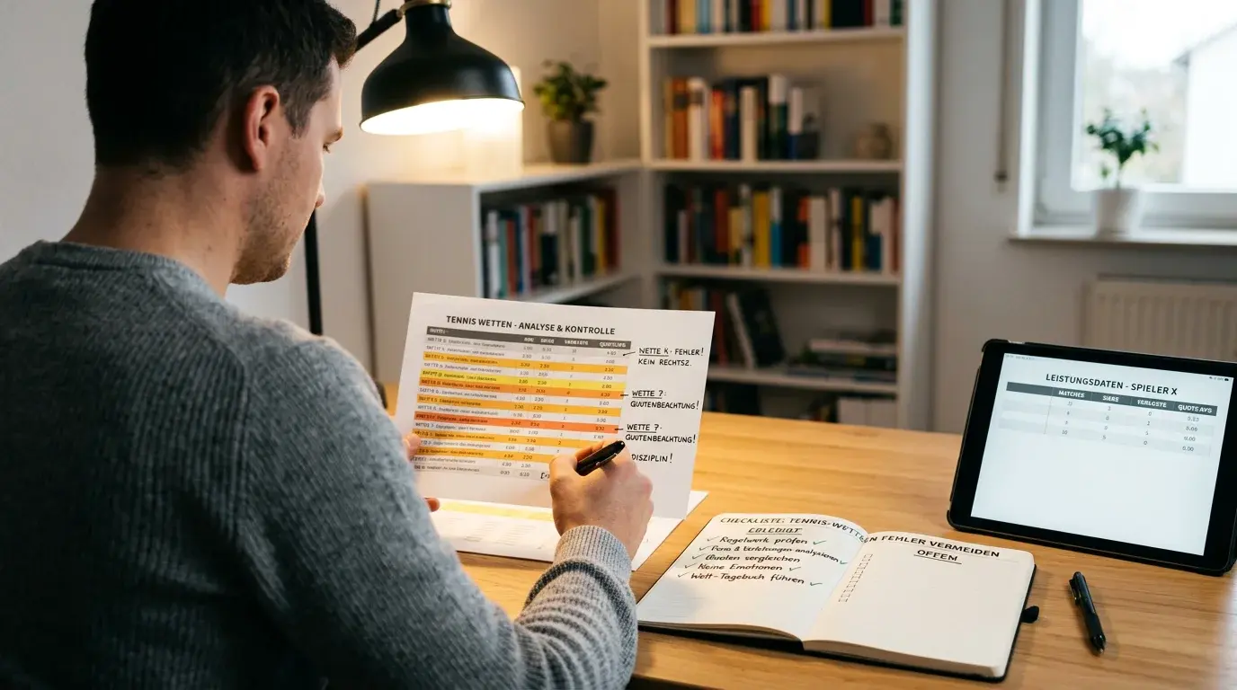 Tennis Wetten Fehler vermeiden — Person analysiert Wetthistorie am Schreibtisch