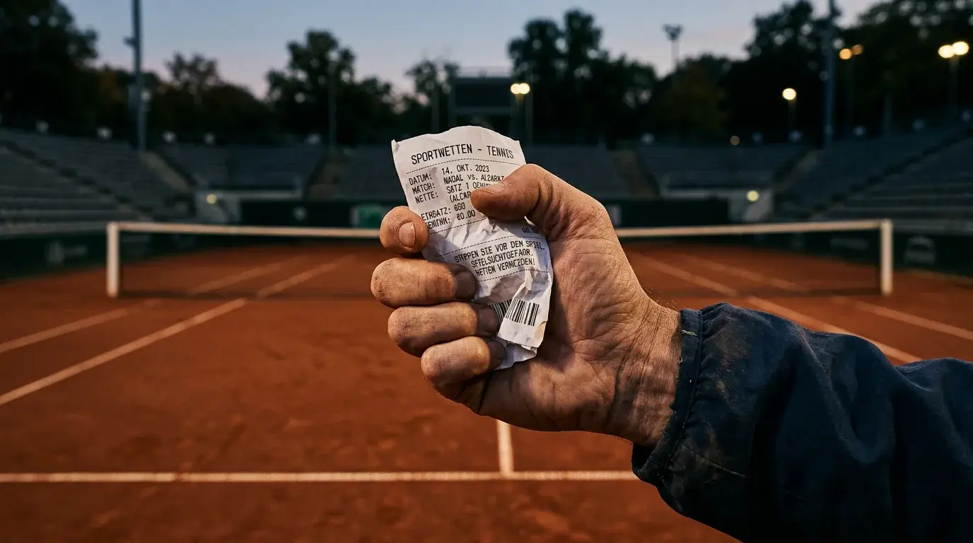 Tennis Wetten Fehler — durchgestrichener Wettschein auf einer Tribüne am Tennisplatz