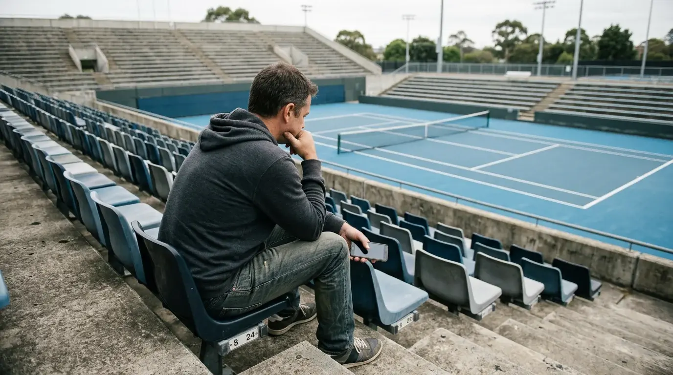 Tennis Wetten Psychologie — nachdenklicher Mann auf einer Tennistribüne blickt auf das leere Spielfeld