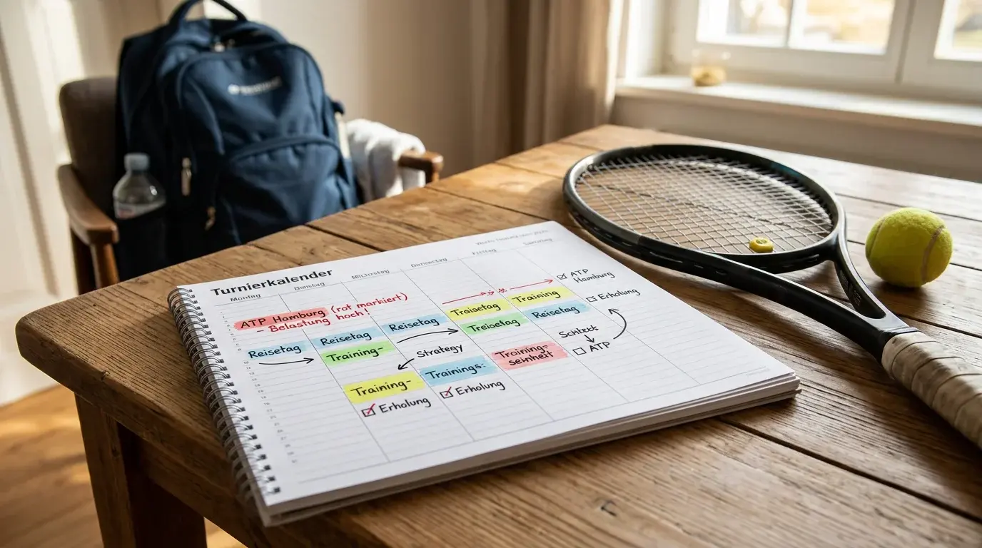 Tennis Spielkalender — offener Planer mit markierten Turnierwochen neben einem Tennisschläger
