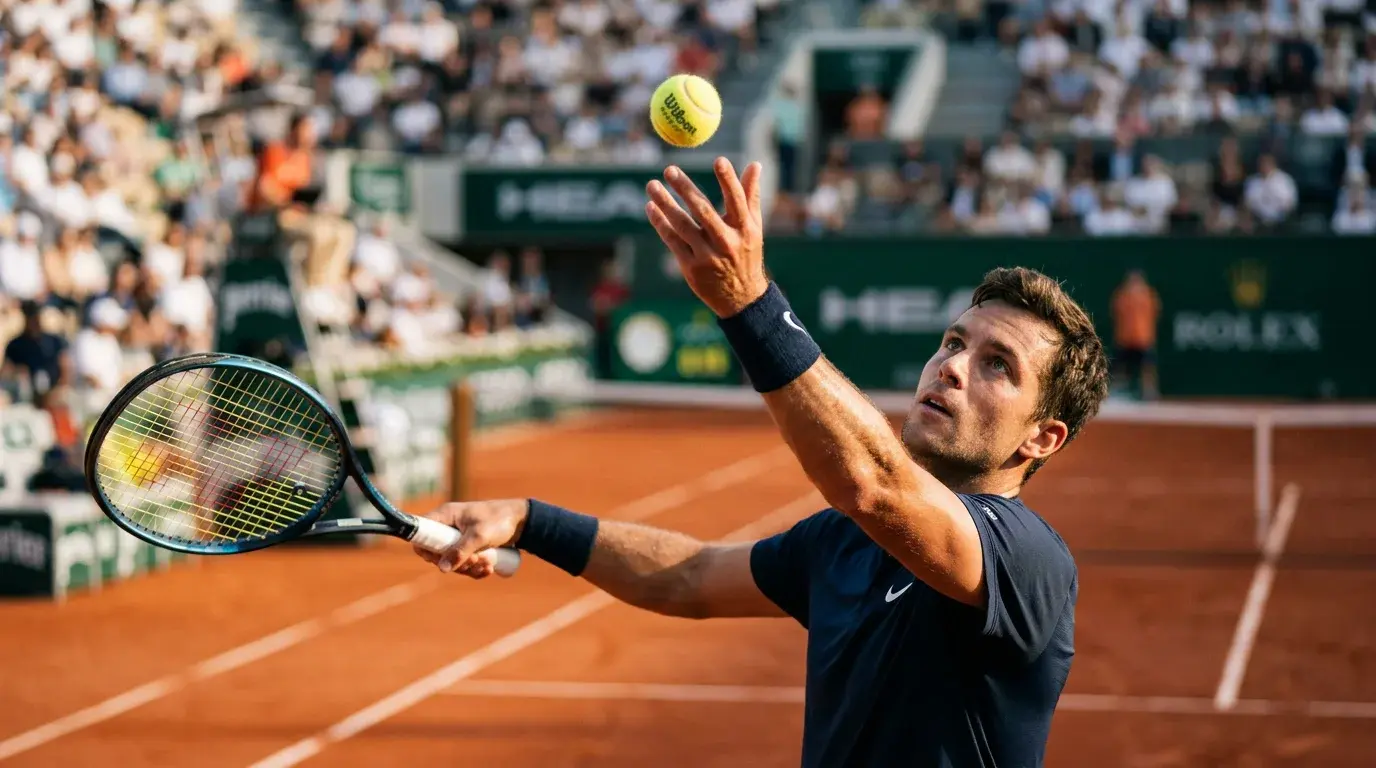 Tennis 2. Aufschlag — Tennisspieler beim konzentrierten zweiten Aufschlag auf einem Sandplatz