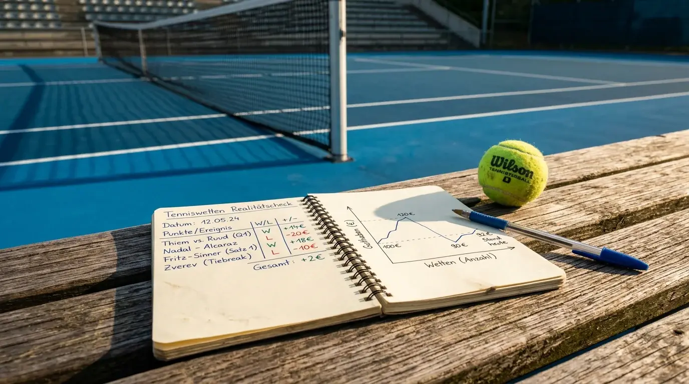 Tenniswetten Geld verdienen — Notizbuch mit Wettanalyse neben einem Tennisplatz