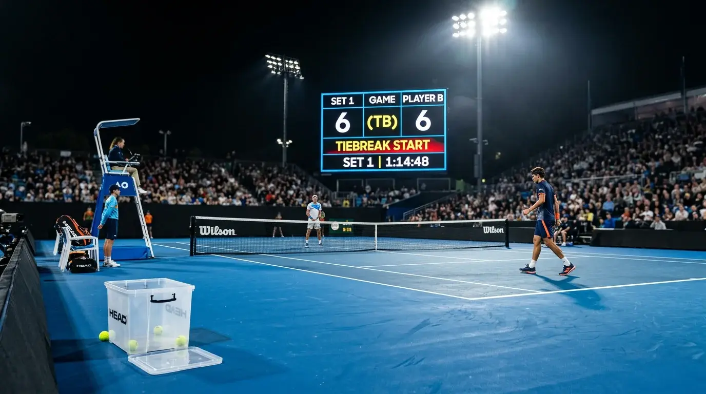 Tiebreak-Wetten Tennis — Anzeigetafel zeigt 6:6 Tiebreak auf einem Hartplatz unter Flutlicht