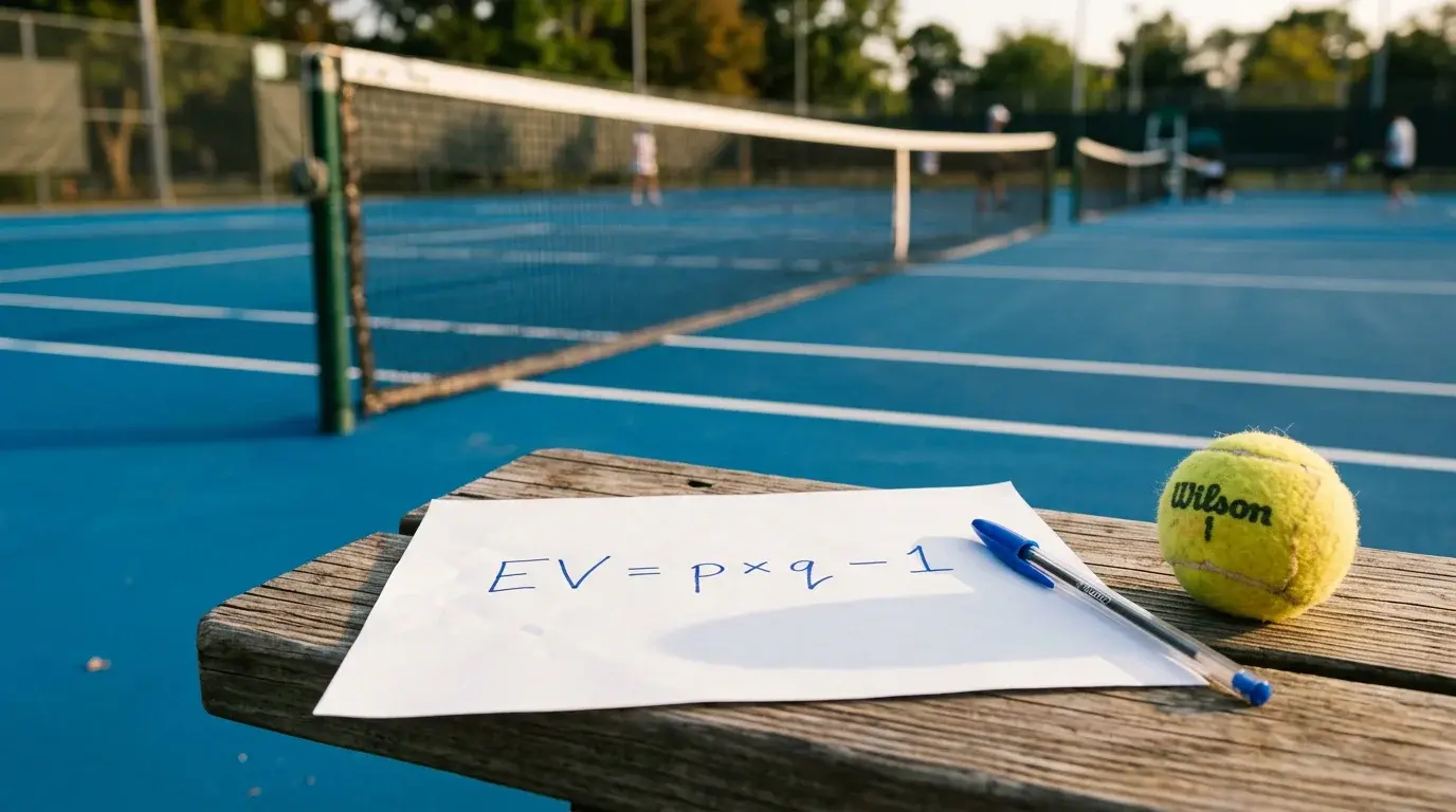 Value Bets Tennis finden — Stift und Formel auf Papier neben einem Tennisball auf Hartplatz