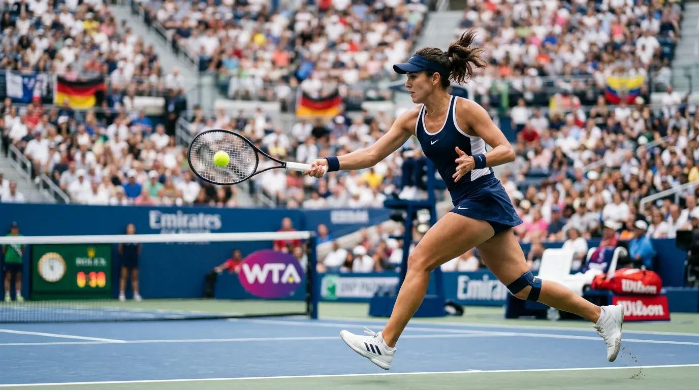 WTA Wetten Tipps — Tennisspielerin beim Return auf einem Hartplatz mit gefüllten Rängen